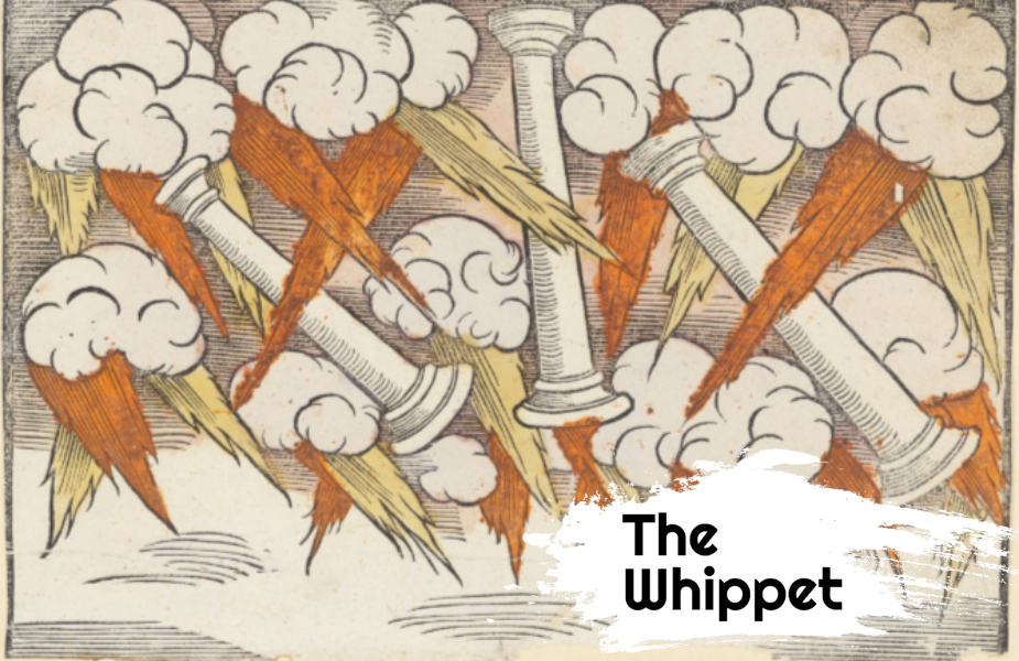 Clouds and pillars of fire in the heavens, with "The Whippet" newsletter logo