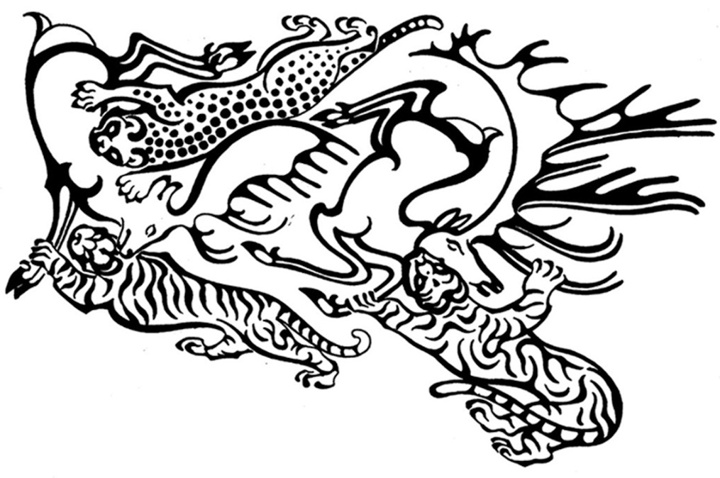 Tattoo design: Black line drawing of two tigers and a leopard attacking two deer-type animals with big antlers, in a kind of Escher-y circular arrangement