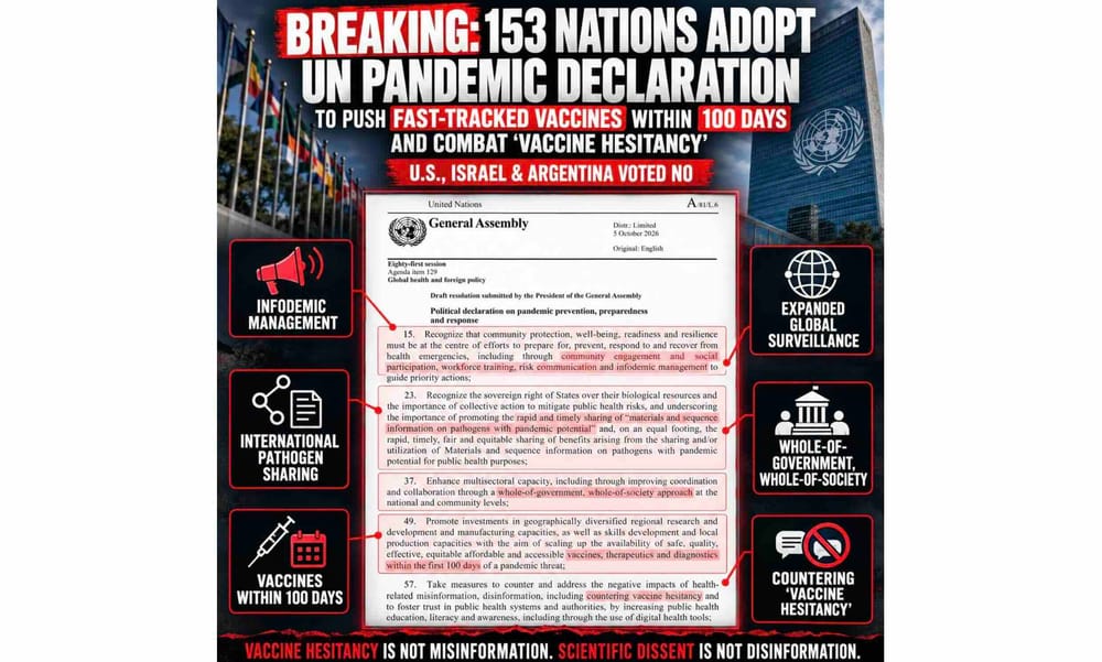 153 Nations Adopt UN Pandemic Declaration to Push FAST-TRACKED Vaccines Within 100 Days and Crack Down on “Vaccine Hesitancy” | AKA Objection To Killer Injections | DO NOT COMPLY