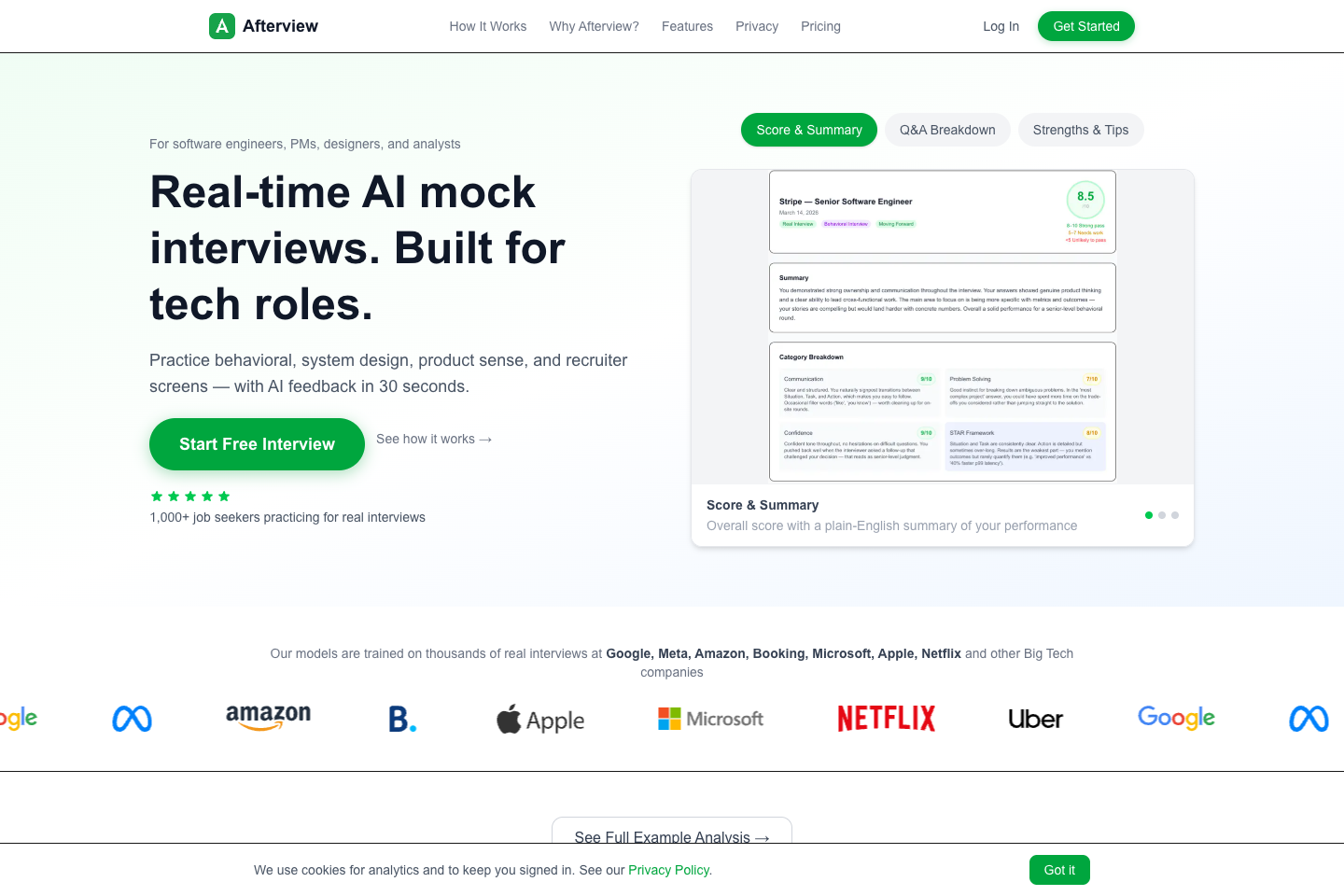Afterview AI mock interview homepage