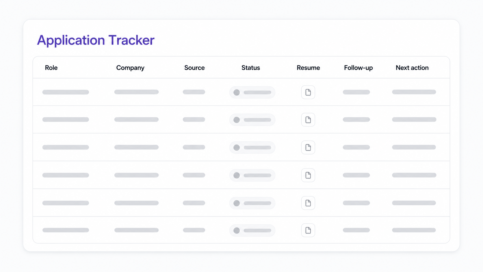 Job application tracker table showing role, company, source, status, resume version, follow-up date, remote fit, and next action fields.