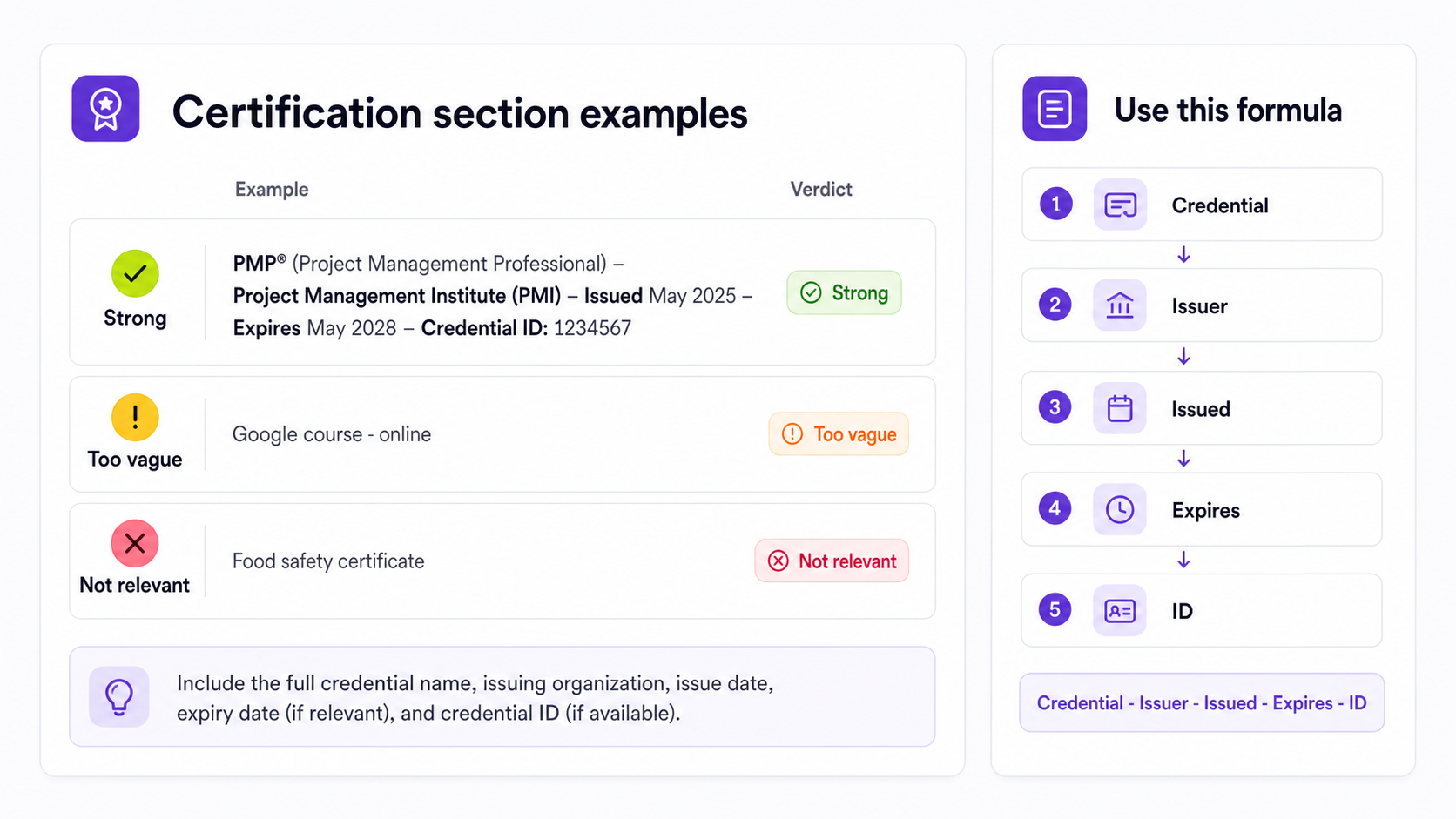Certification section examples comparing a strong entry with vague and irrelevant credential entries.