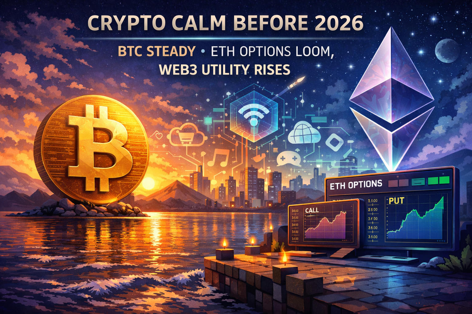 Crypto Calm Before 2026: BTC Steady, ETH Options Loom, Web3 Utility Rises
