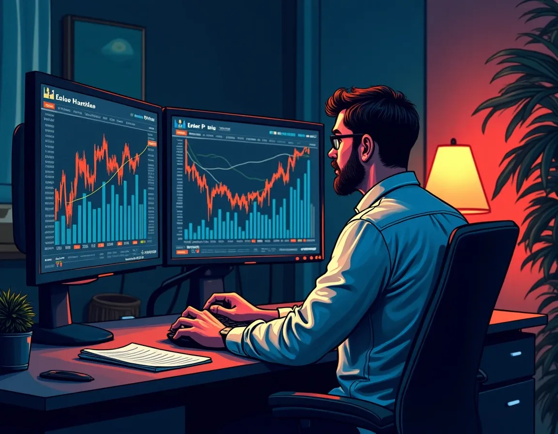 Analyst examining DeFi protocol fee data and structural yield metrics on computer screens