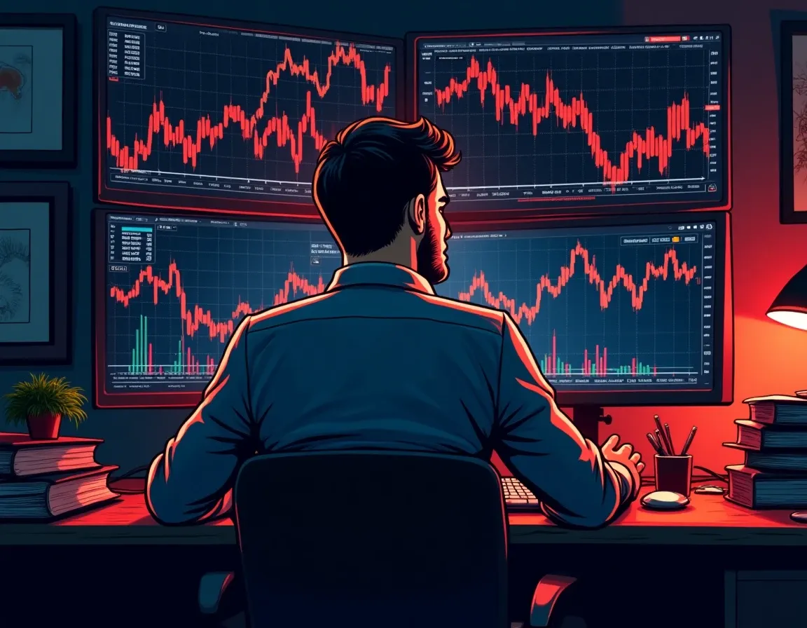 Retail crypto trader experiencing losses while monitoring volatile market charts on multiple screens
