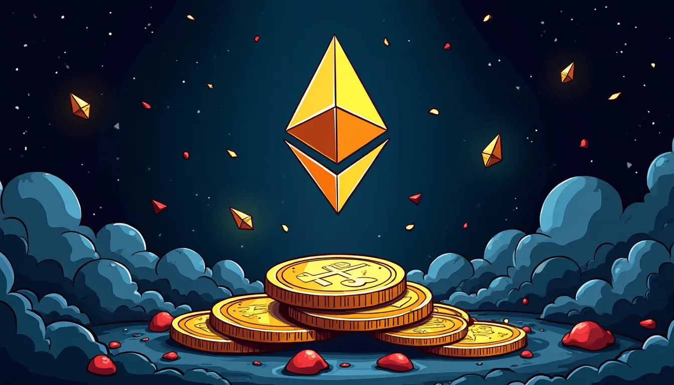 Ethereum logo with proof-of-stake beacon chain symbol and yield percentage indicators