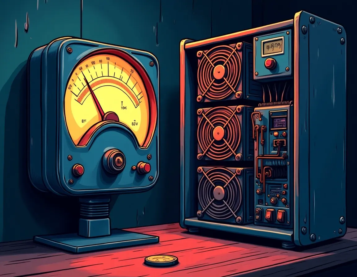 Electricity meter beside Bitcoin ASIC miner showing power consumption measurement