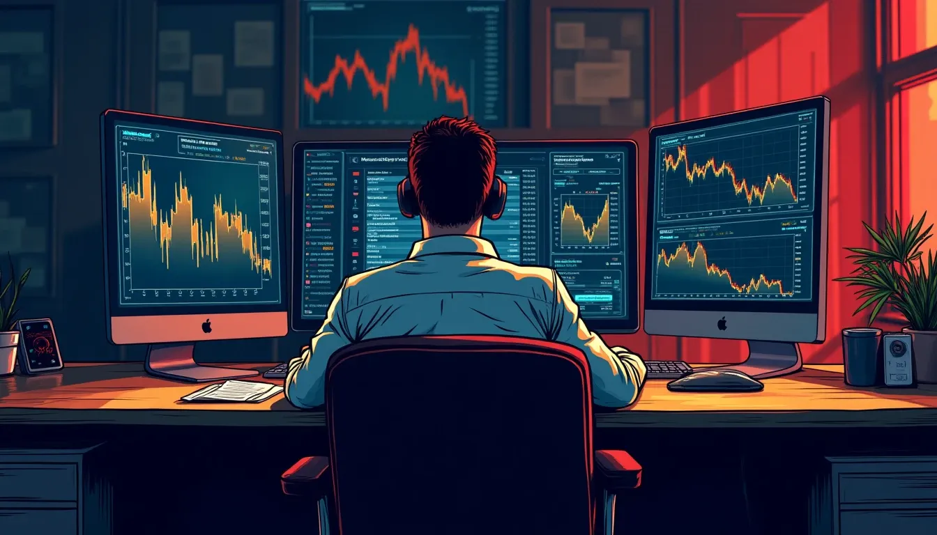 Analyst examining Bitcoin blockchain transaction data on multiple computer screens