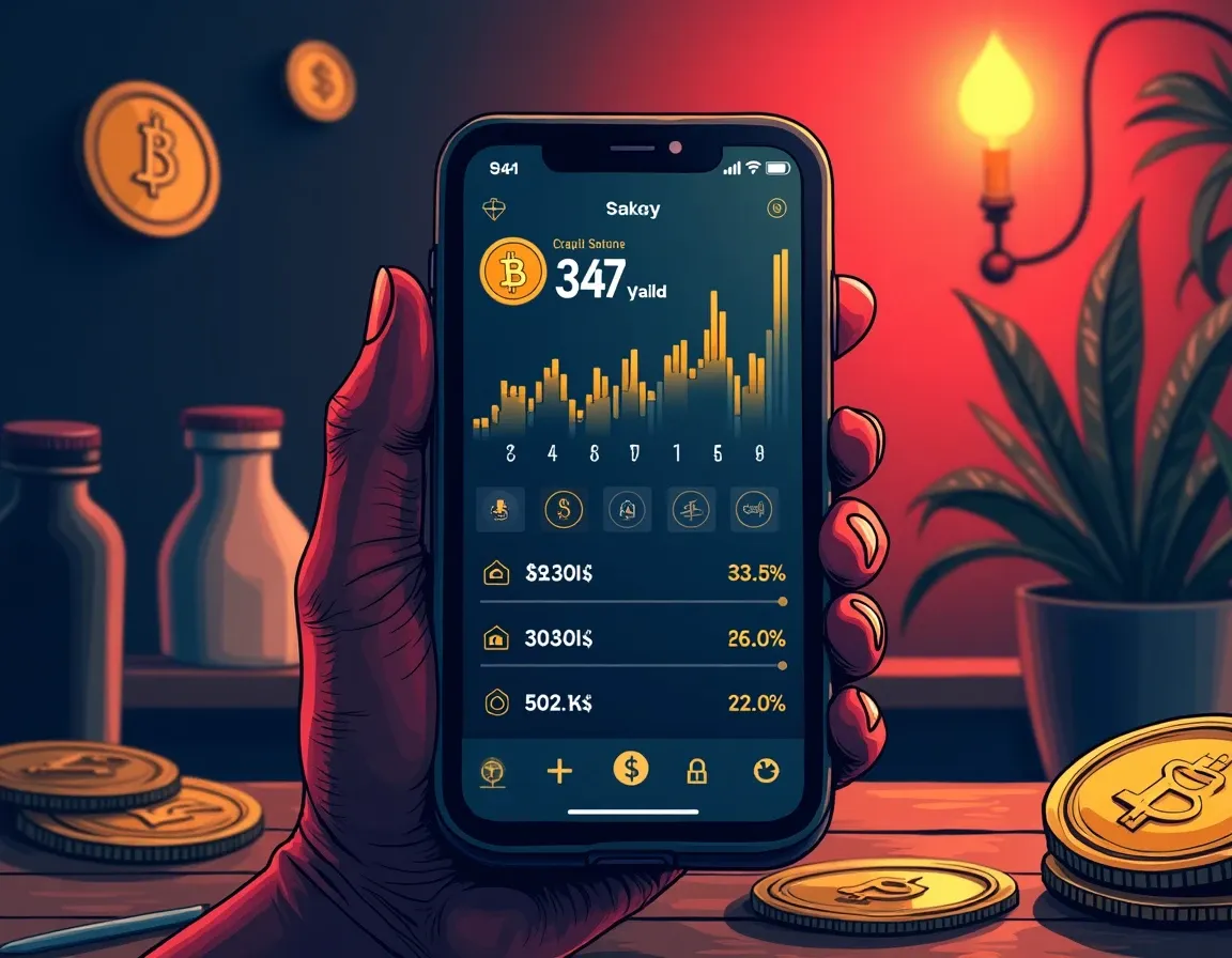 Crypto staking app interface showing APY rates and asset balances on mobile phone screen