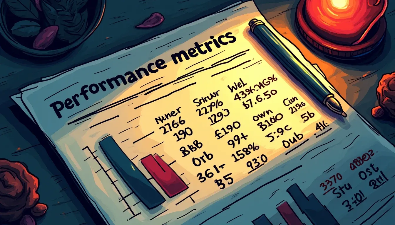 Trading performance metrics showing drawdown, Sharpe ratio, and win rate statistics on analytical reports