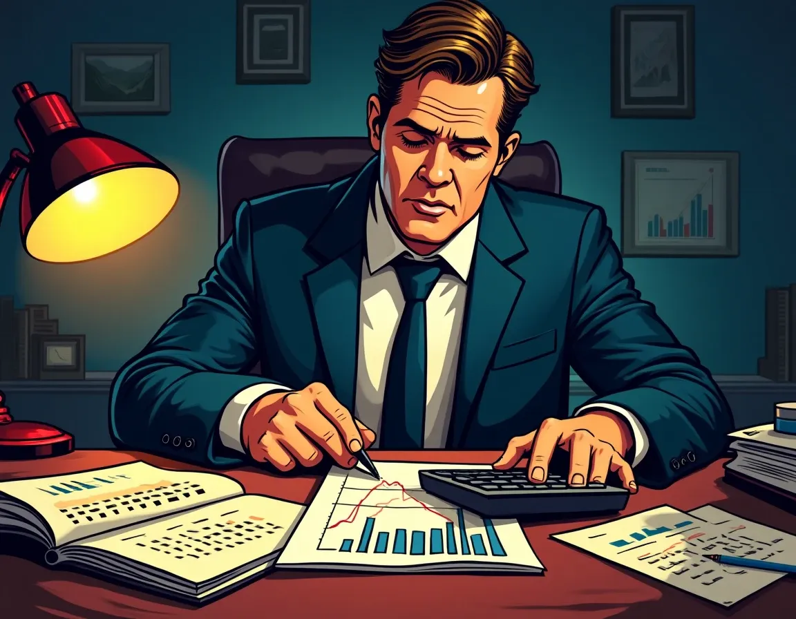Trader calculating bot platform subscription fees and break-even thresholds with financial charts and calculator