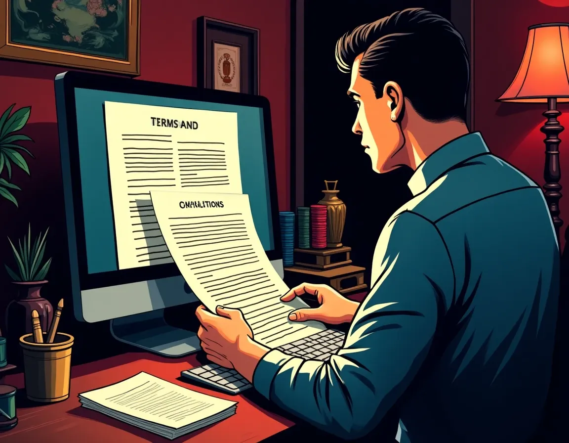 Casino player reviewing withdrawal terms and wagering requirements on platform website