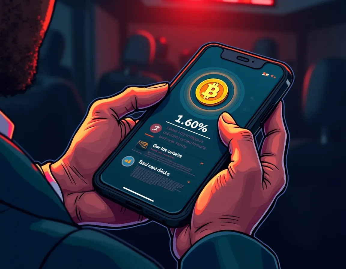 Smartphone screen showing crypto loan health factor approaching liquidation threshold warning zone