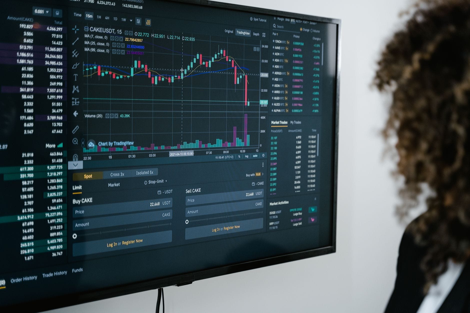 Trader analyzing cryptocurrency market cycle indicators on multiple monitors