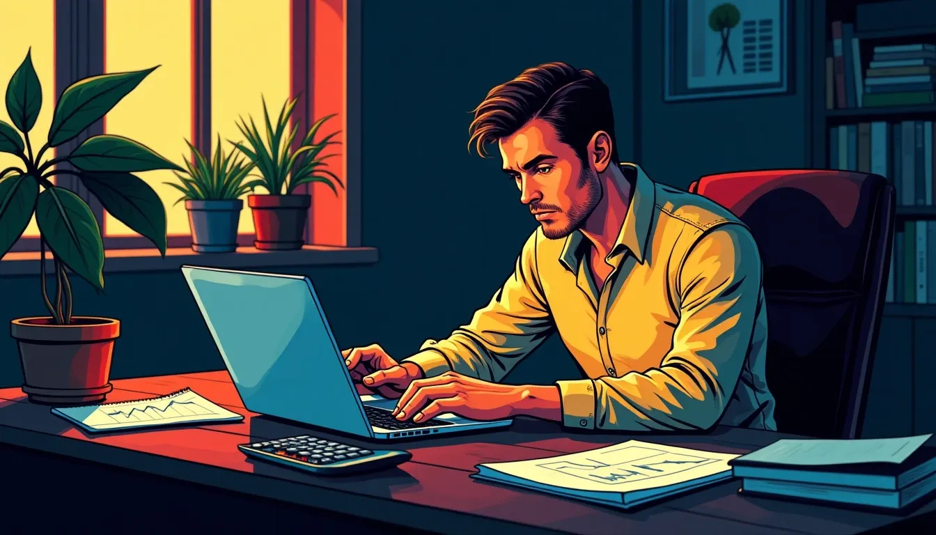 Individual examining cryptocurrency yield comparison charts on laptop screen at home desk