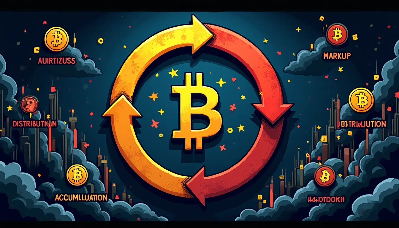 Four-phase crypto market cycle diagram with Bitcoin and altcoin symbols in each phase