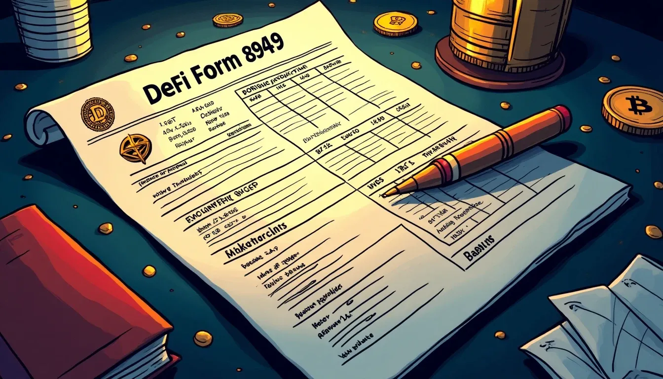 Tax form 8949 with DeFi protocol symbols and yield tracking calculations