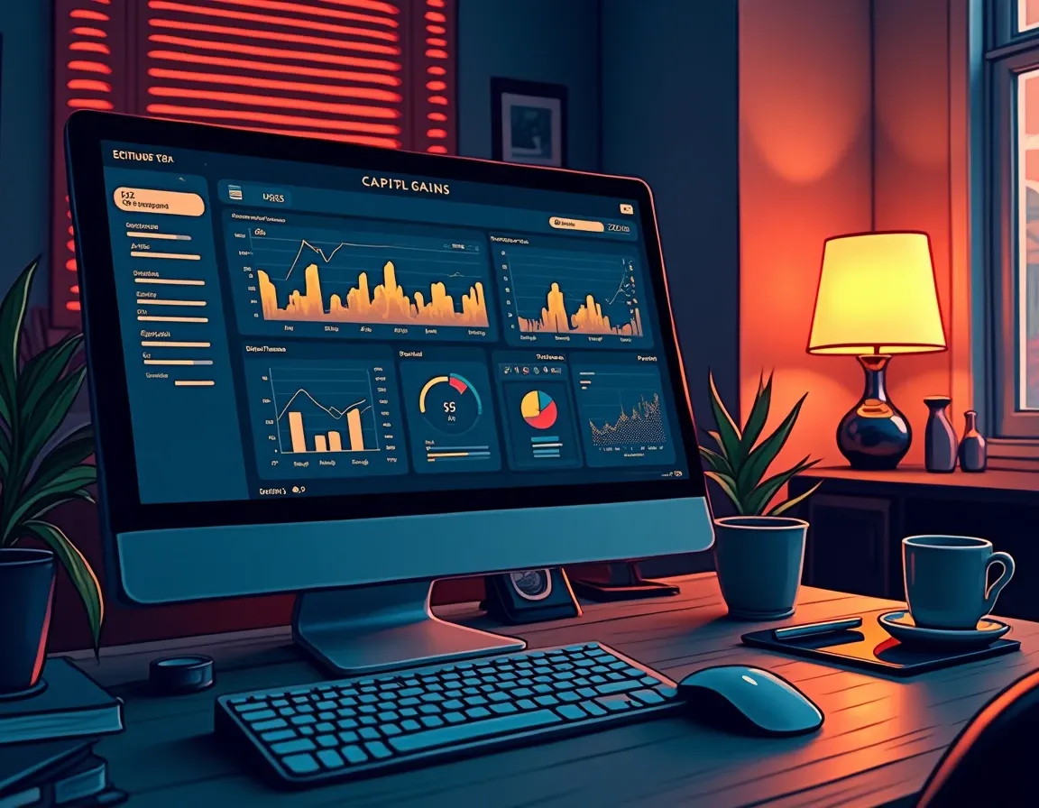Crypto tax software interface displaying capital gains calculation and transaction summary on screen