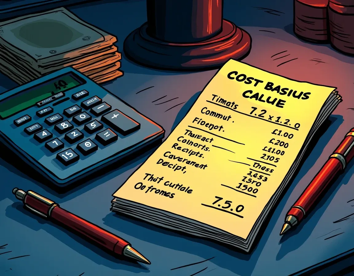 Crypto transaction receipts with calculator and handwritten cost basis notes