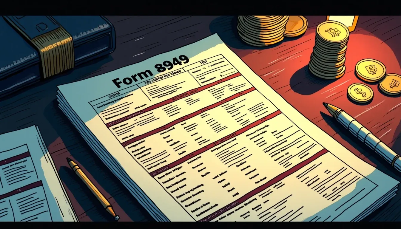 IRS Form 8949 with crypto transaction records and tax worksheets