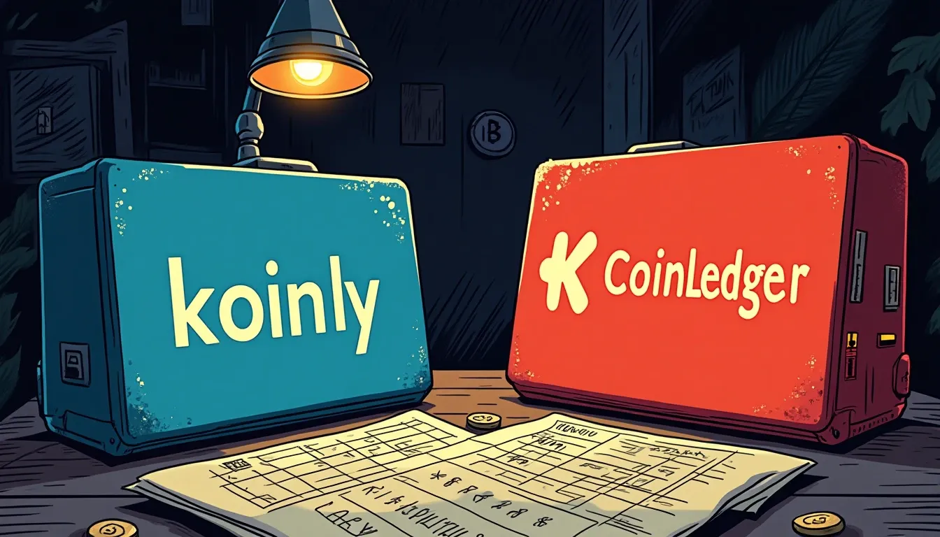 Koinly and CoinLedger software comparison with transaction ledgers and pricing chart