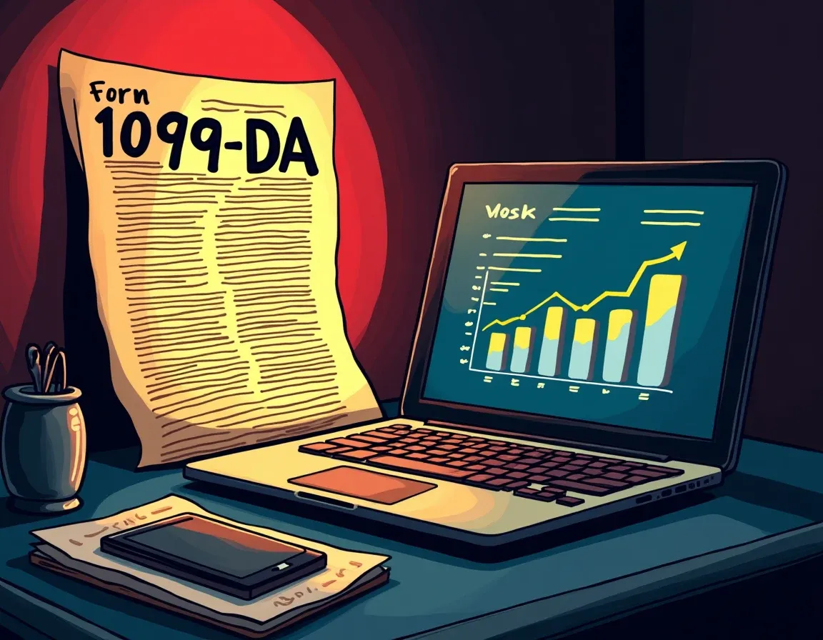 IRS Form 1099-DA document beside laptop showing crypto tax software reconciliation dashboard with cost basis comparison