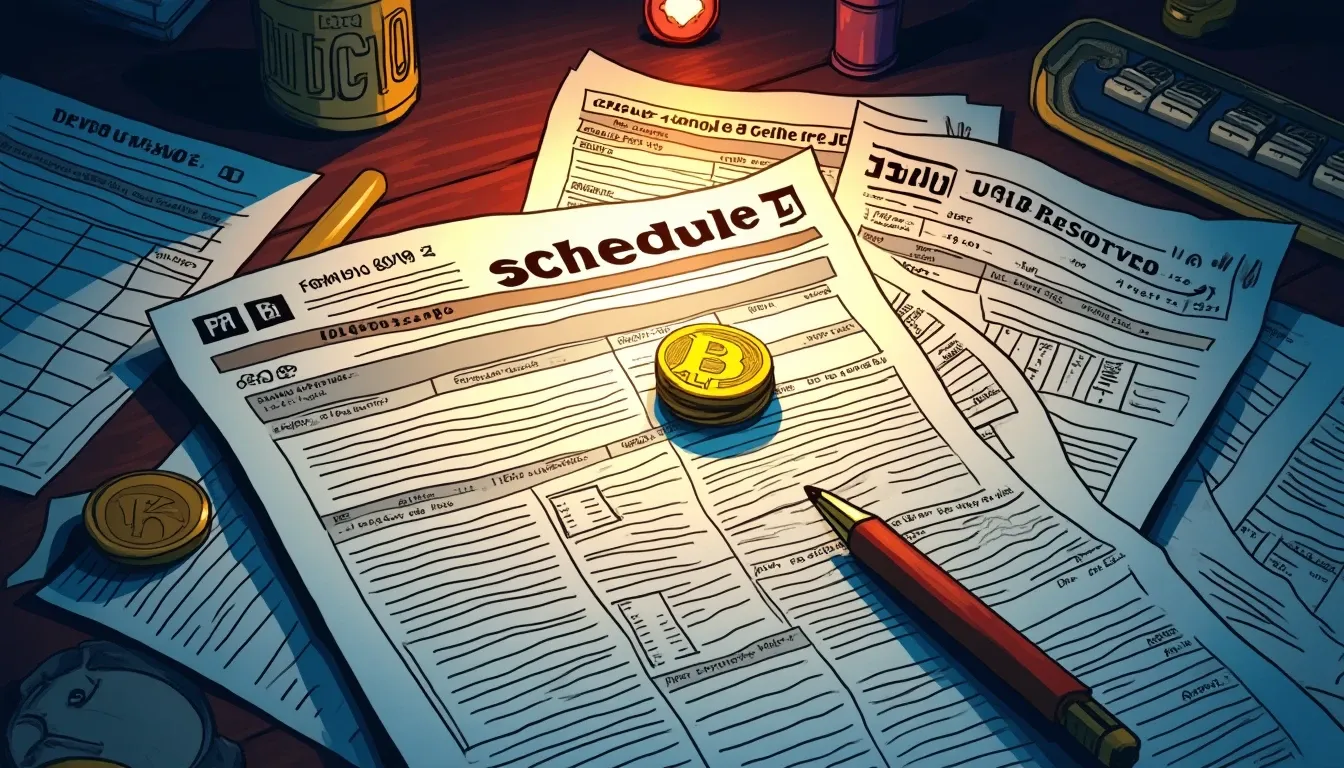 Tax forms 8949, Schedule D, and 1099-DA with crypto transaction ledgers and worksheets