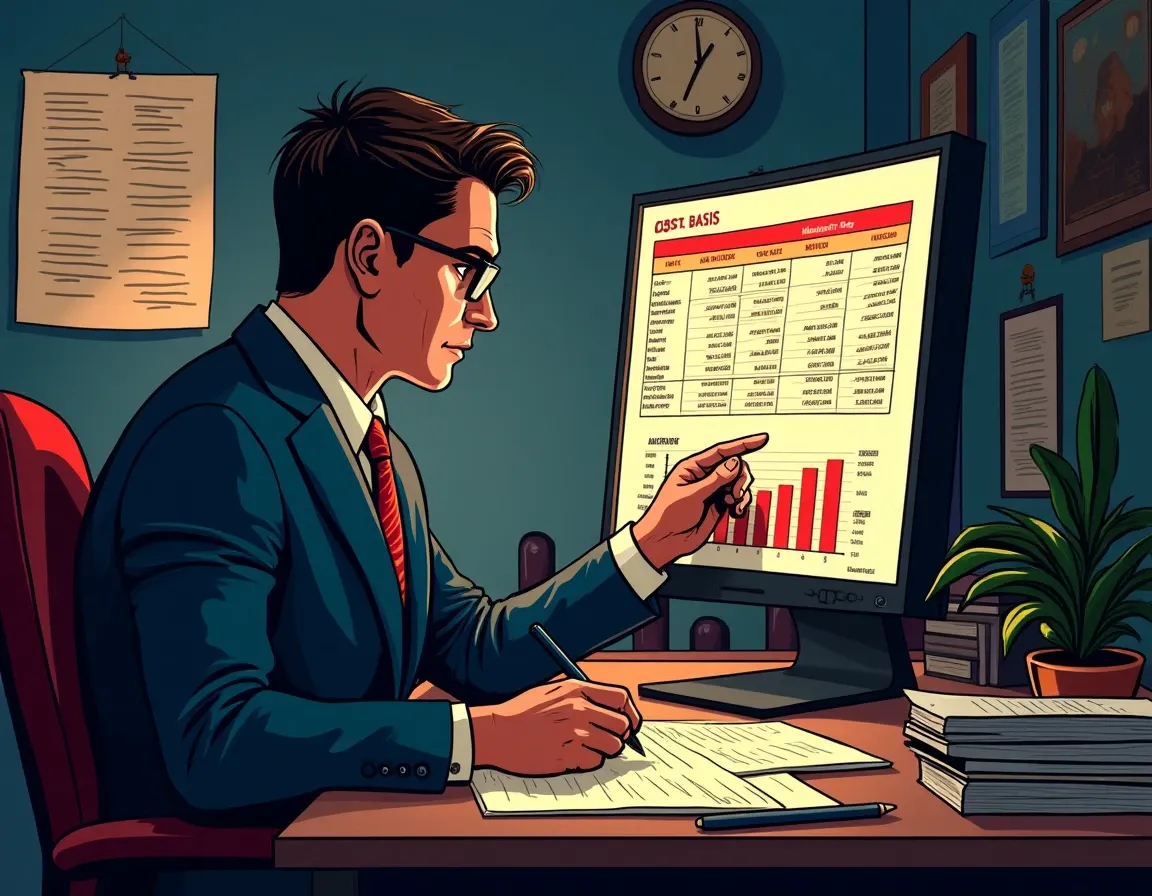 Tax professional analyzing crypto transaction spreadsheet with cost basis and capital gains data