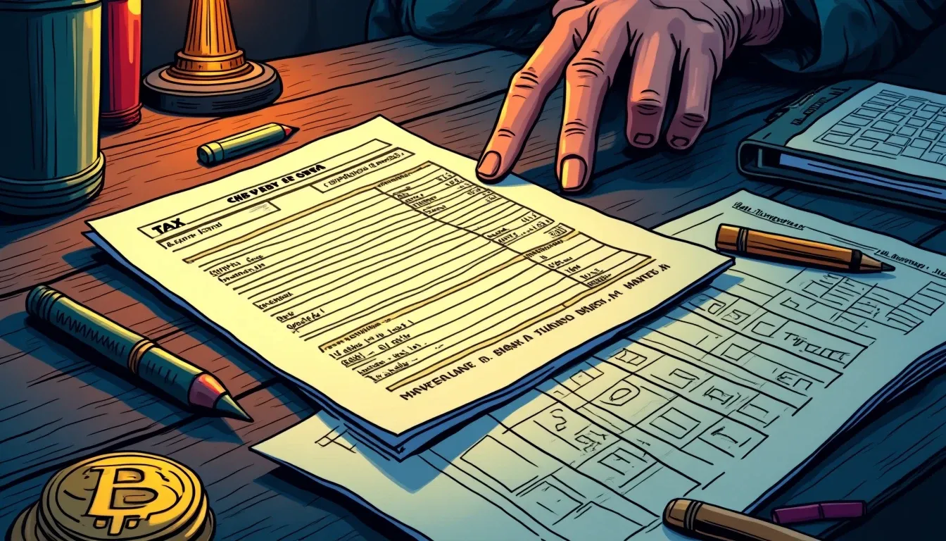 Tax forms with crypto transaction receipts and blockchain ledger printouts
