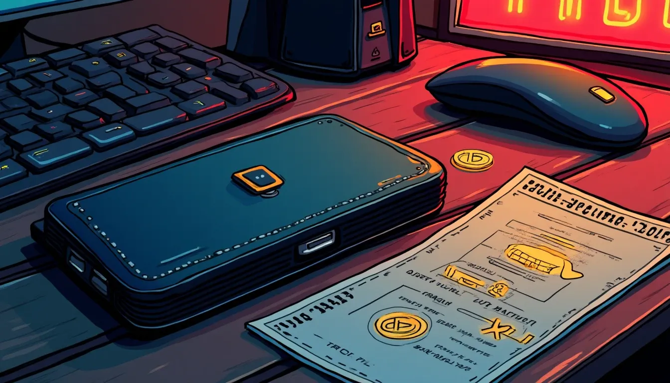 Hardware wallet with recovery phrase card and cryptocurrency tokens representing beginner wallet setup