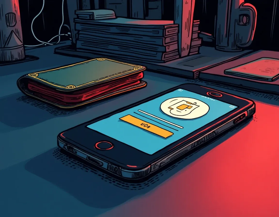 Hardware wallet device and smartphone software wallet representing self-custody storage options for crypto holders