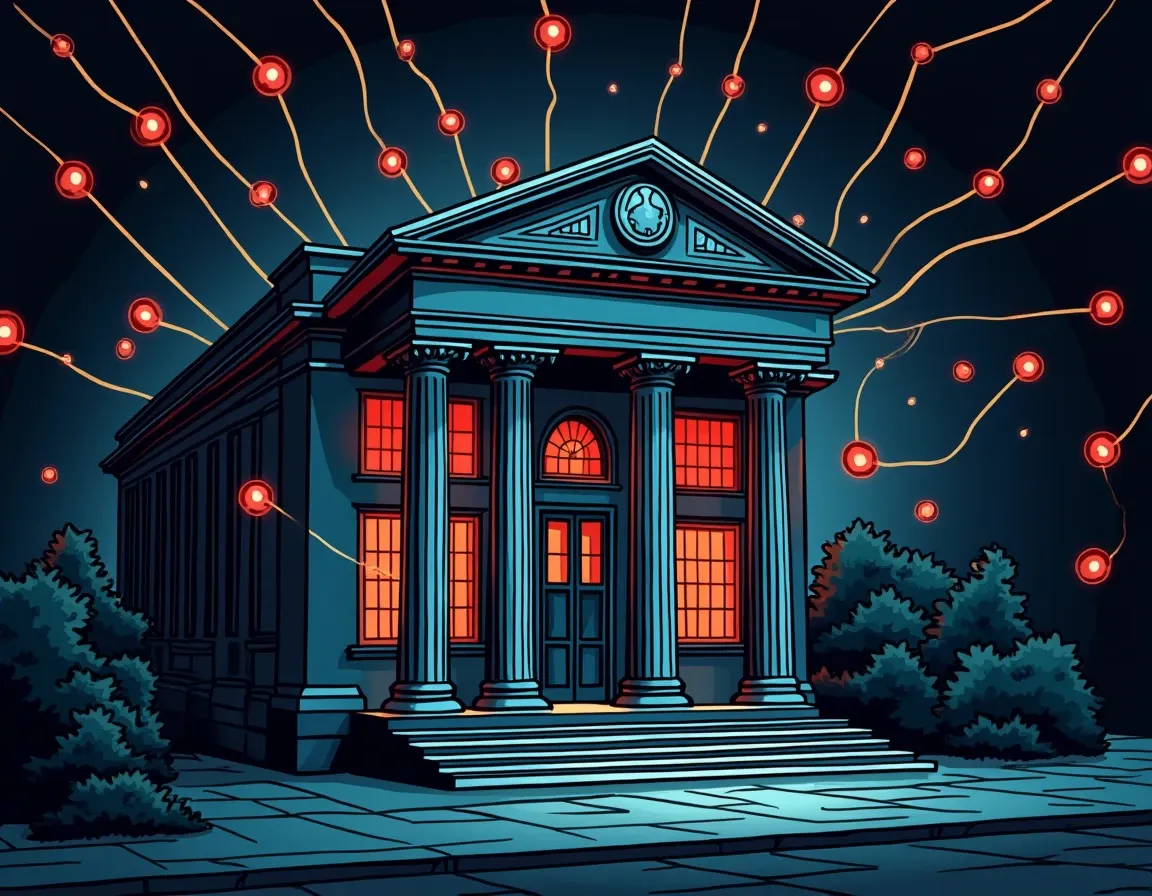 Bank building transitioning to distributed network nodes showing DeFi's replacement of traditional finance