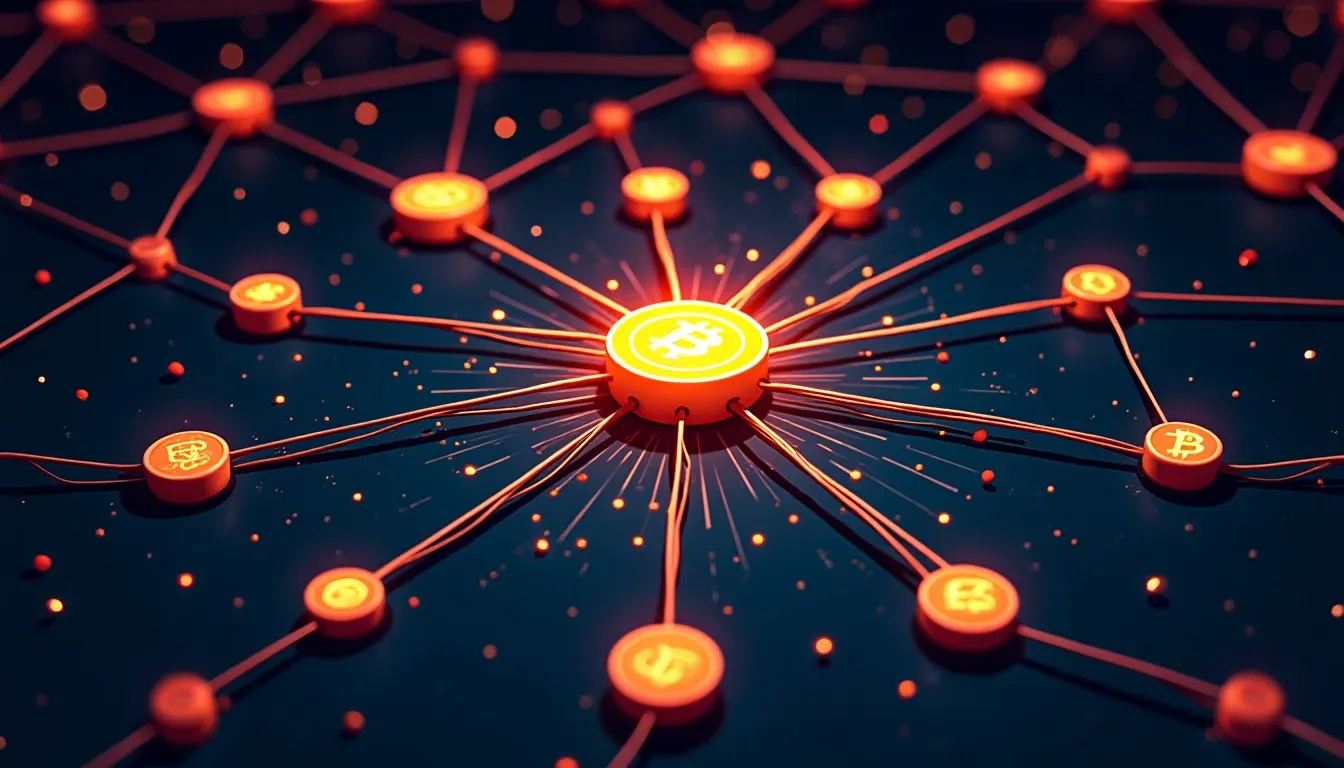 Digital network visualization representing decentralized finance blockchain infrastructure and peer-to-peer transactions