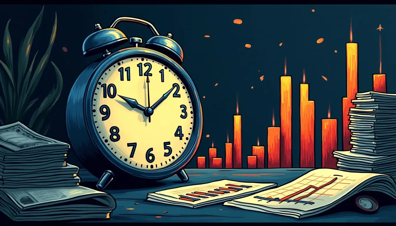 Clock showing 15 minutes next to yield charts and portfolio balance sheets
