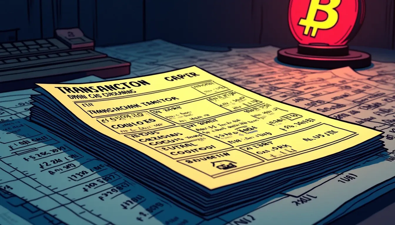 Transaction records showing blockchain hashes, gas fees, and cost basis calculations on ledger paper
