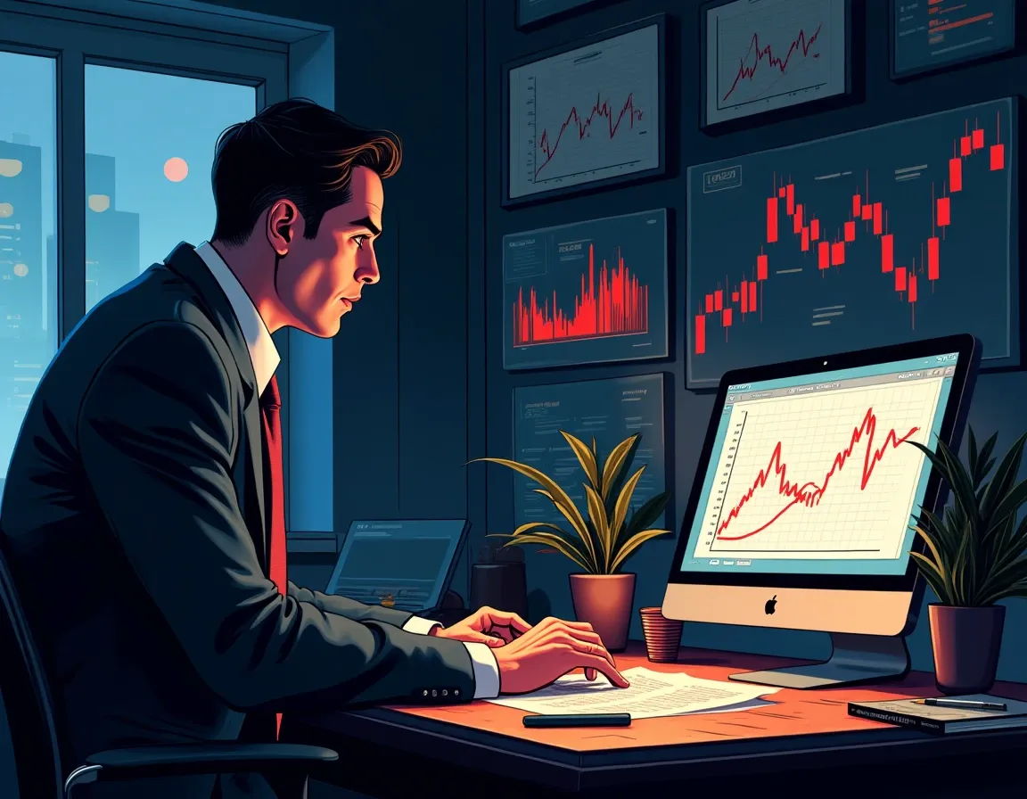 Analyst reviewing yield volatility patterns in financial data on spreadsheets and charts