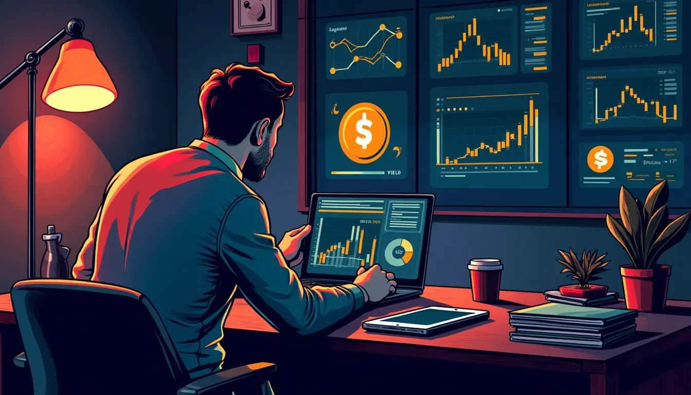 Allocator reviewing DeFi yield metrics on multiple screens during weekly monitoring session