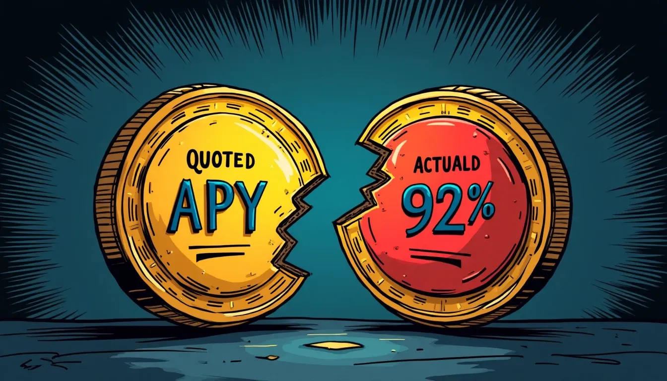 Coin split showing quoted APY vs actual return percentages with gap arrows