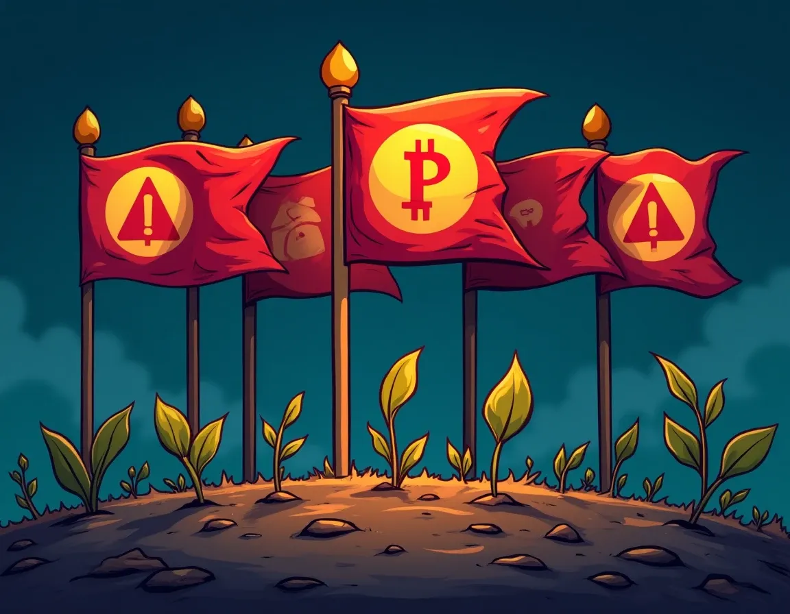 Five warning flags with protocol tokens and declining chart indicators