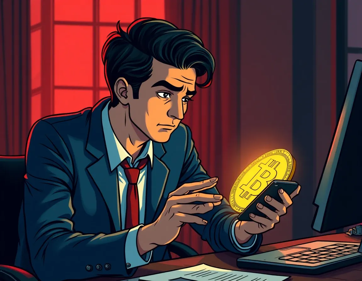 Person examining minimal Bitcoin earnings on smartphone display looking disappointed