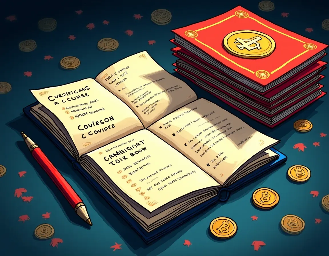 Notebook and stack of crypto course certificates representing learn-and-earn program completion