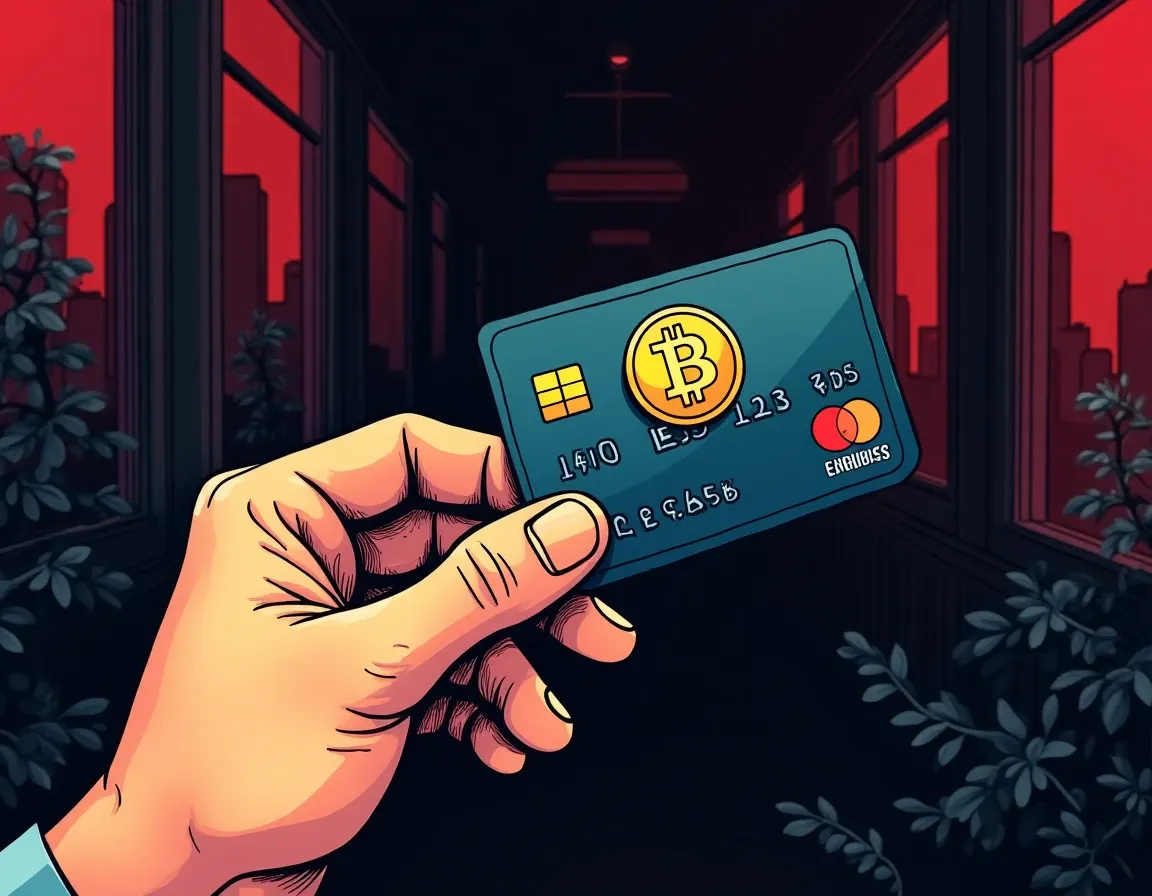 Hand holding cryptocurrency cashback credit card with Bitcoin logo in bright lighting