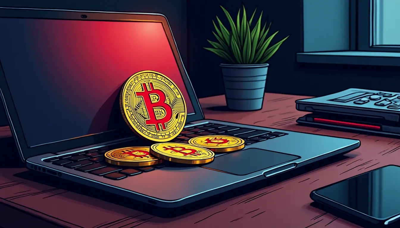 Bitcoin coins on laptop keyboard with smartphone and calculator nearby