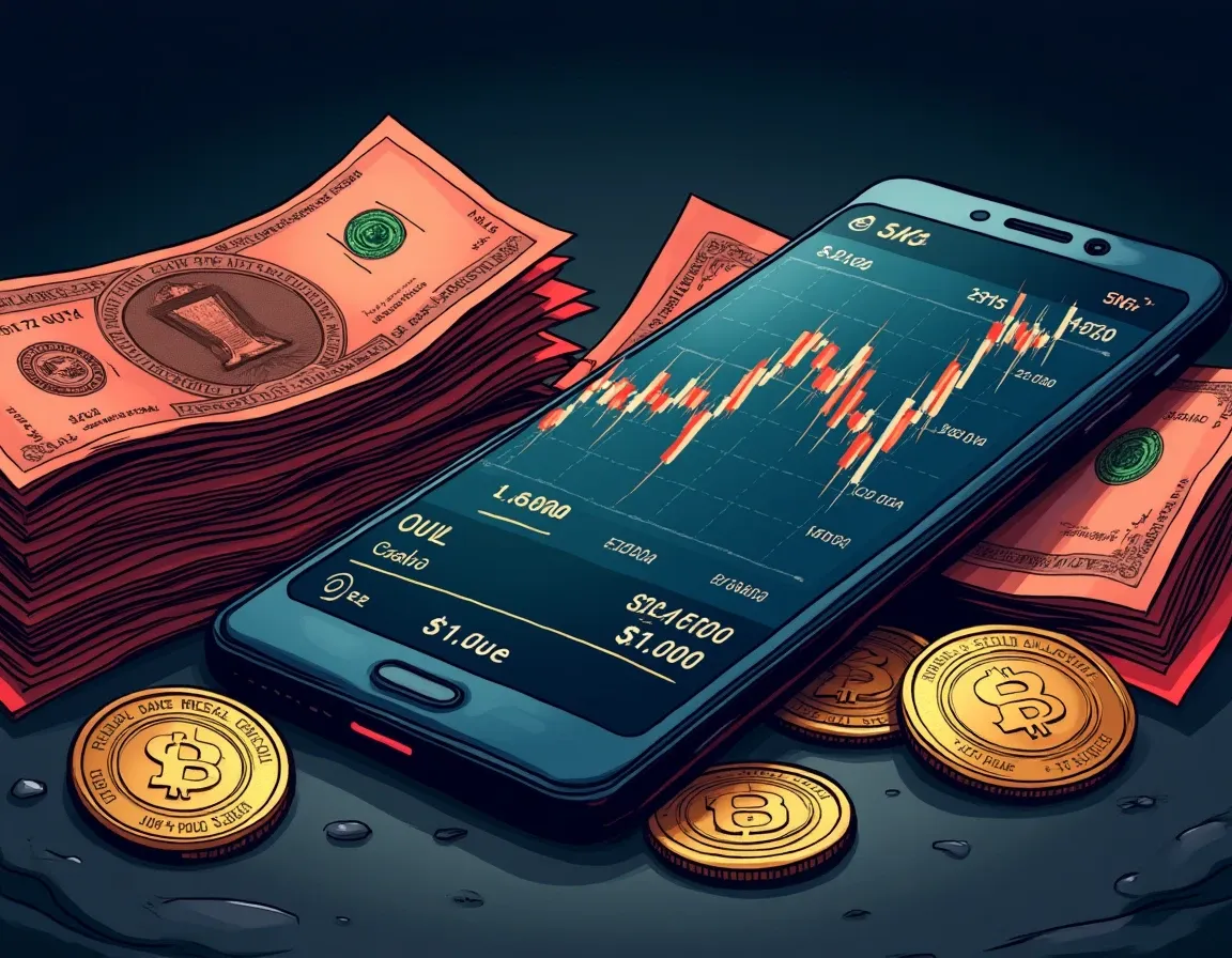 Argentine currency notes beside mobile phone displaying crypto exchange app interface