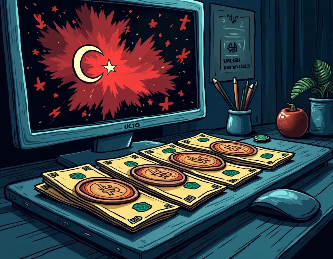 Turkish lira currency with digital Bitcoin trading charts on laptop display