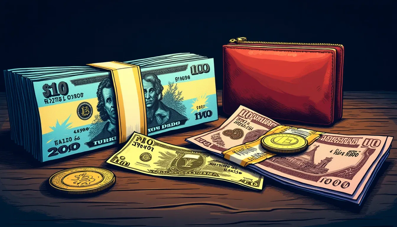 Emerging market currencies (ARS, TRY, PHP) arranged with crypto wallet and stablecoin tokens