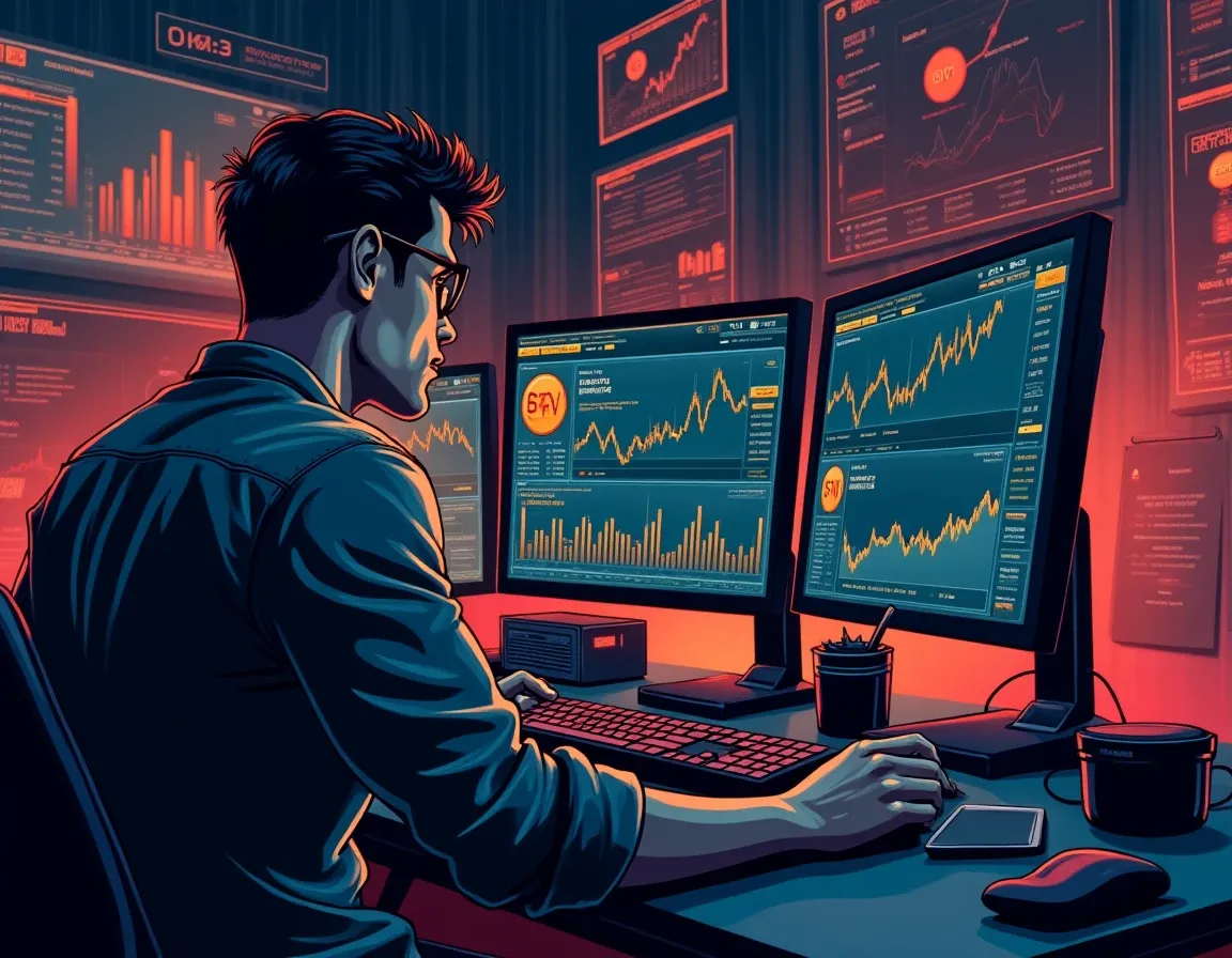 Trader analyzing launchpad allocation requirements and token staking tiers on desktop monitors
