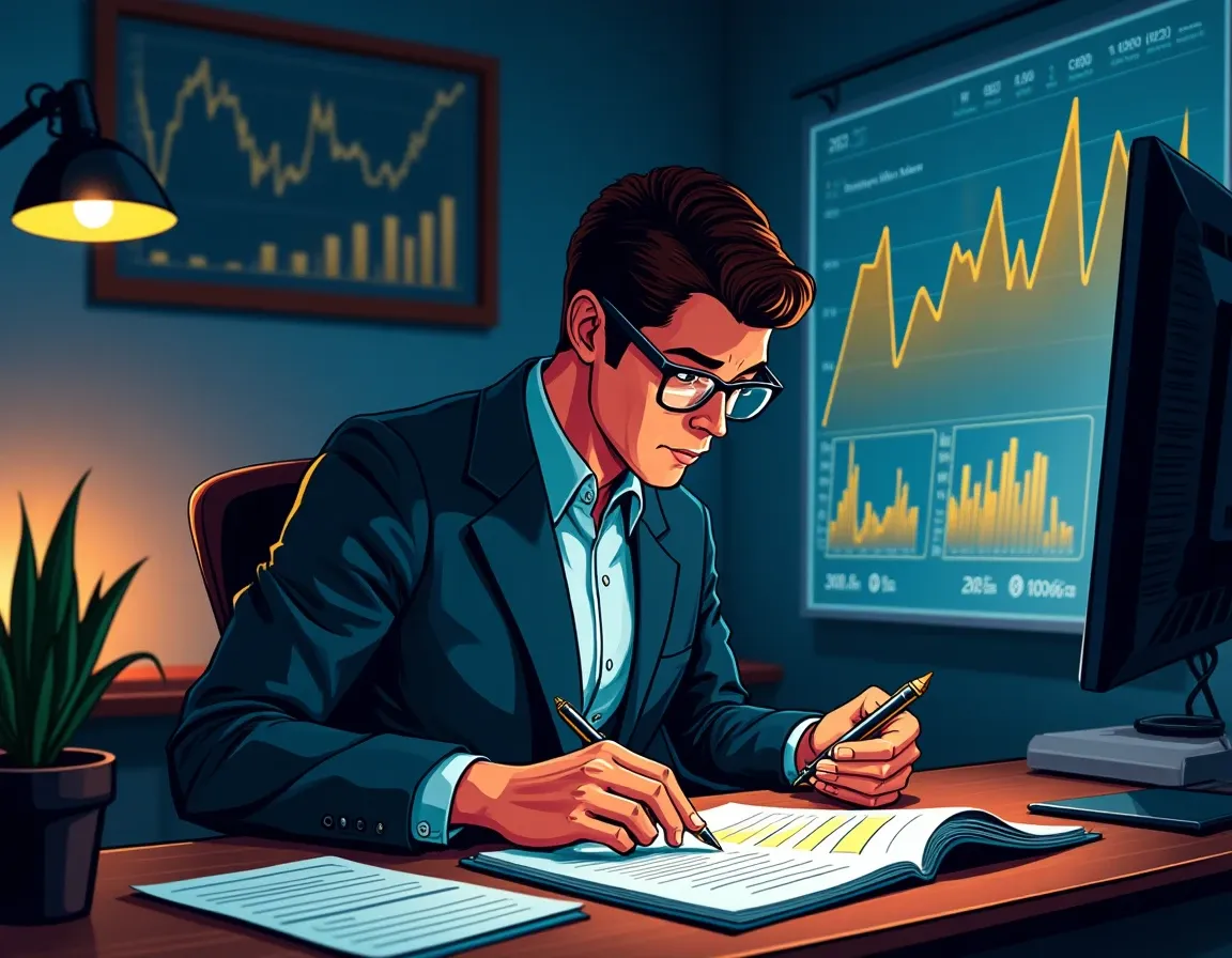 Financial analyst studying cryptocurrency funding rates and staking yield components on computer displays