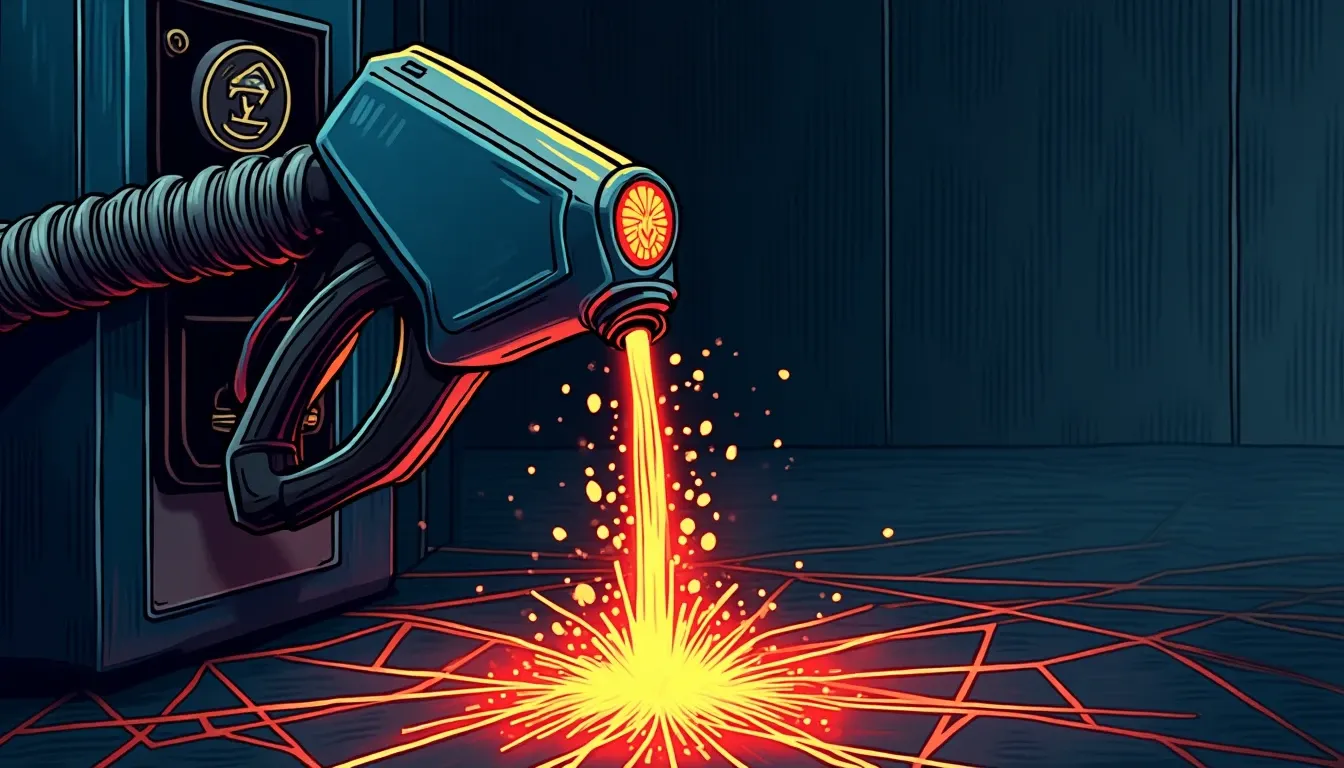 Ethereum gas pump with ETH symbol dispensing transaction particles into network mesh