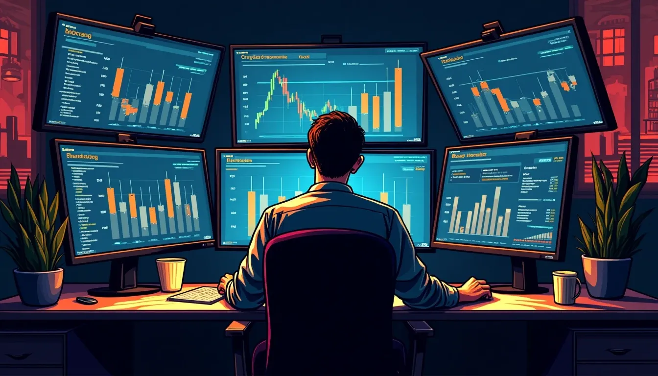 Investor reviewing cryptocurrency yield opportunities on multiple data dashboard screens